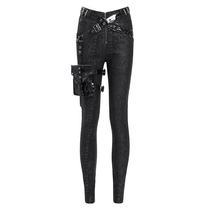 Women's Punk Printed Buckle Strap Pants with Leg Bag - Image 7