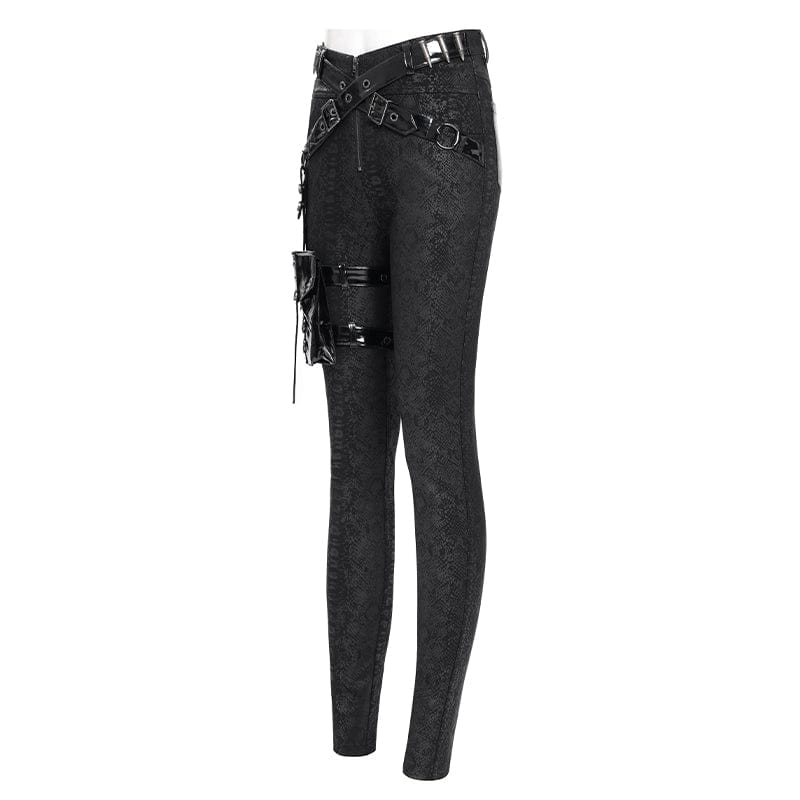 Women's Punk Printed Buckle Strap Pants with Leg Bag - Image 8