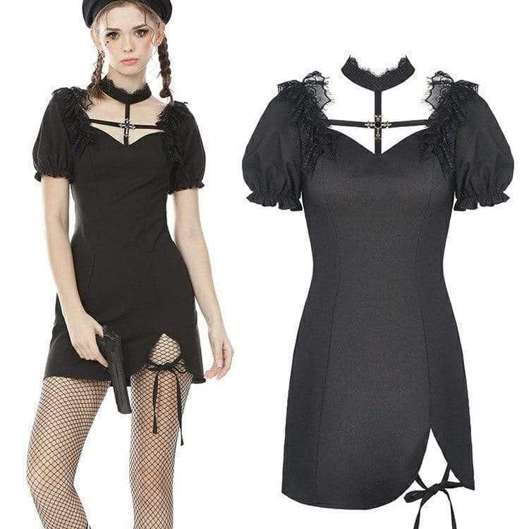 Women's Punk Puff Sleeved Cross Halterneck Black Little Dresses
