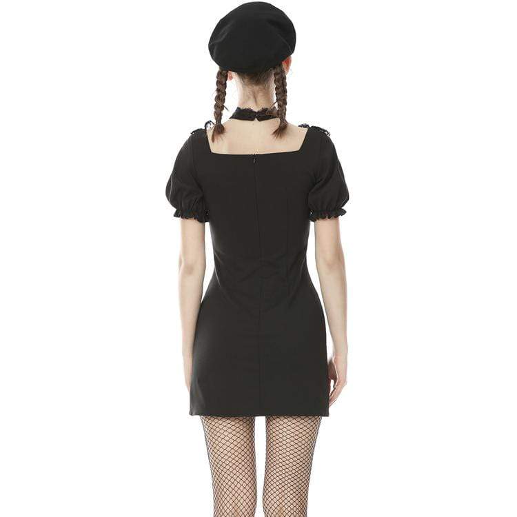 Women's Punk Puff Sleeved Cross Halterneck Black Little Dresses - Image 4
