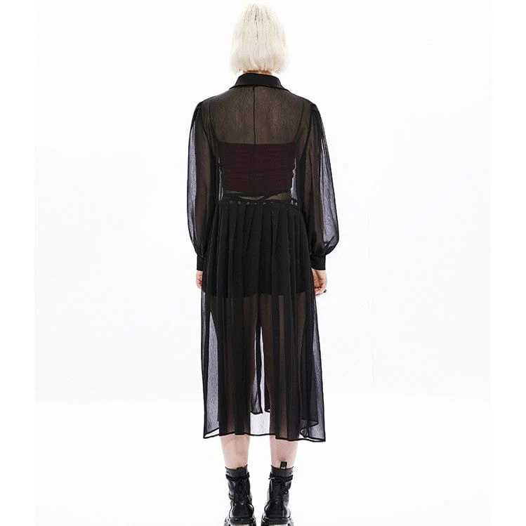 Women's Punk Puff Sleeved Sheer Long Coat - Image 4