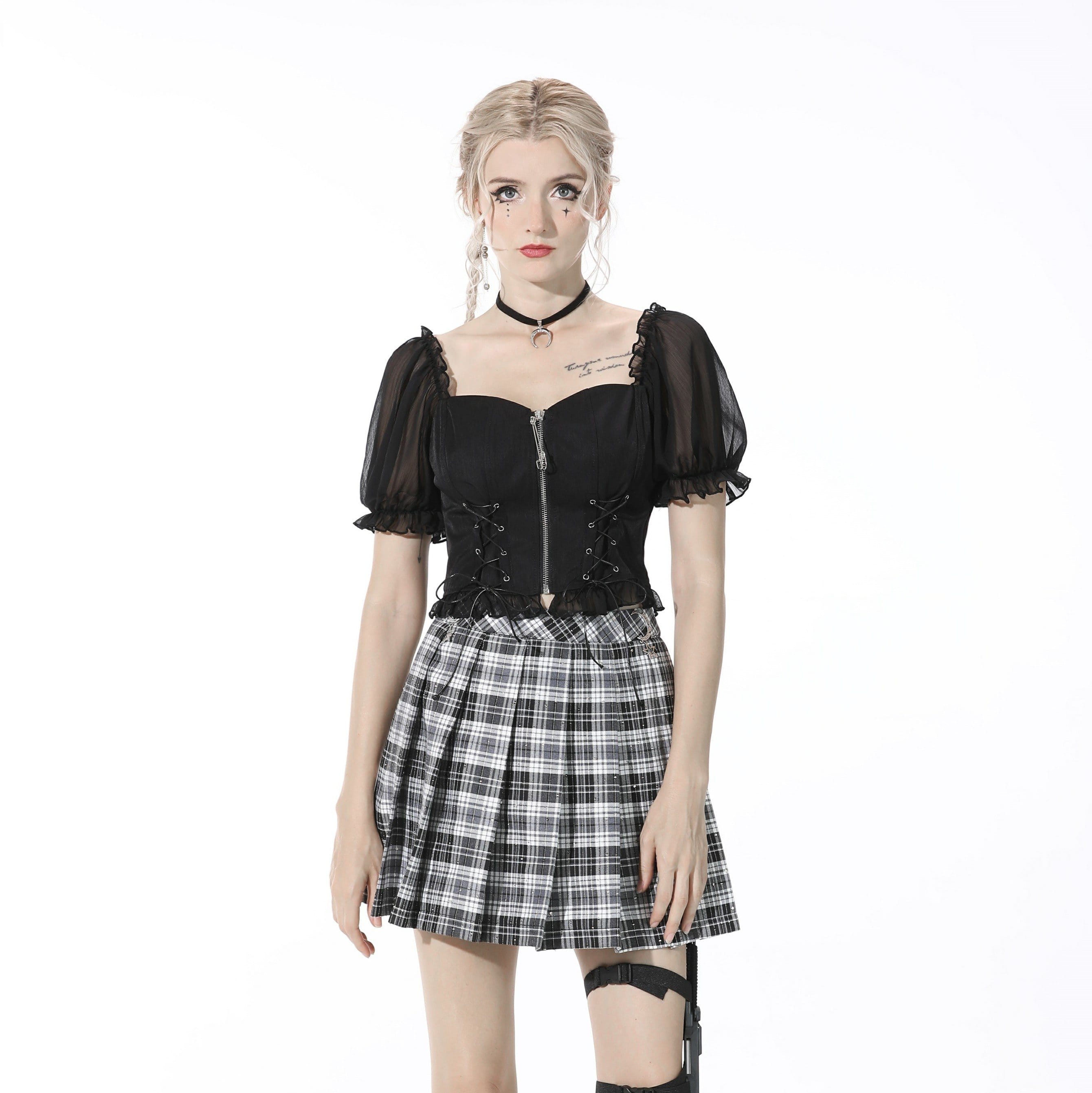 Women's Punk Puff Sleeved Zipped Black Crop Top - Image 3