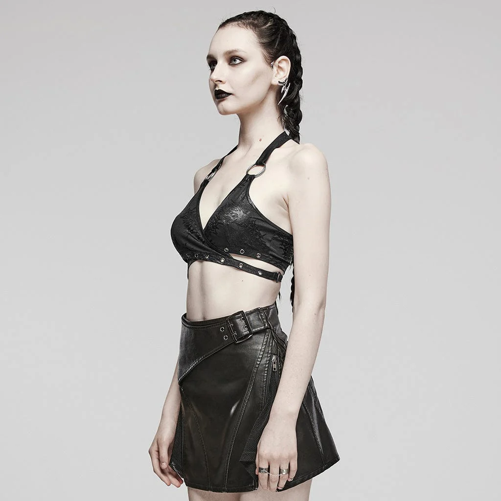 Women's Punk Ring Eyelet Halter Bustier Black - Image 2