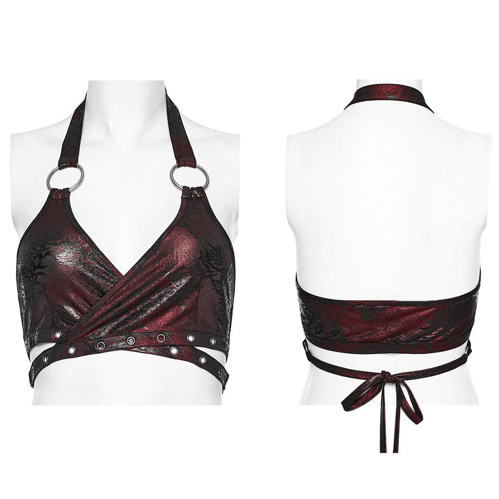 Women's Punk Ring Eyelet Halter Bustier Maroon - Image 5