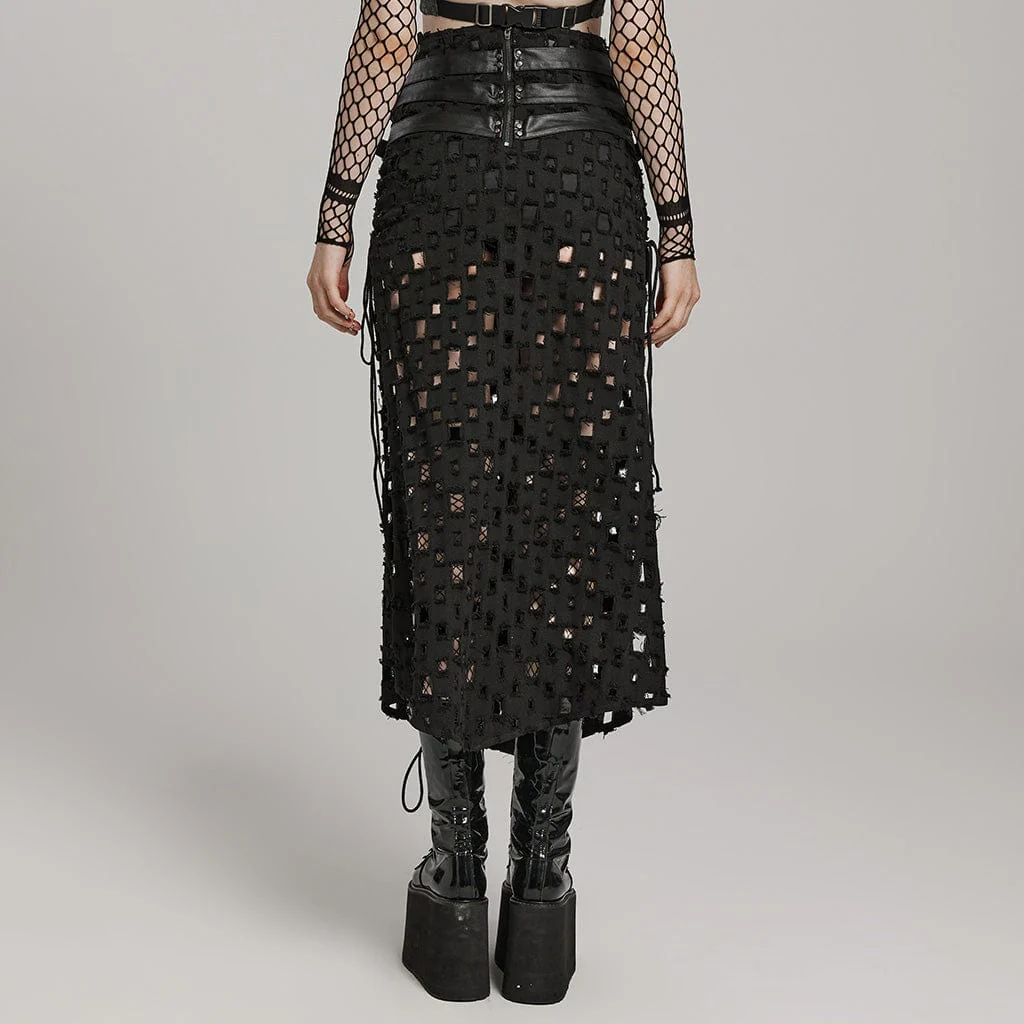 Women's Punk Ripped Buckle Lace-Up Long Skirt - Image 3
