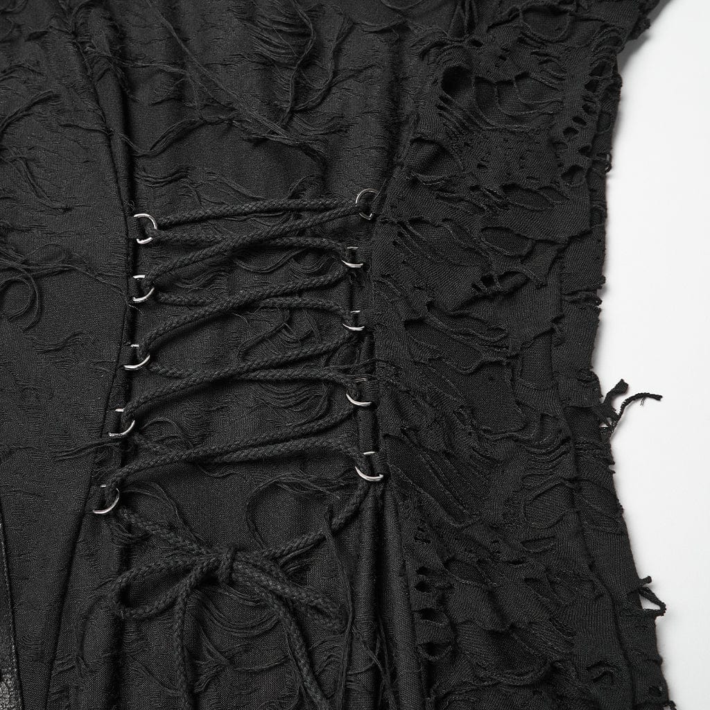 Women's Punk Ripped Cutout Buckle-up Strappy Long Sleeve Dress Wedding Dress - Image 8