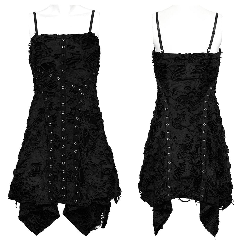 Women's Punk Ripped Eyelet Irregular Slip Dress Black - Image 9