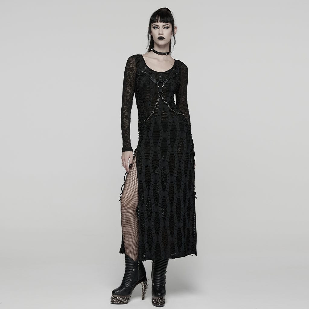 Women's Punk Ripped Eyelet Strap Chian Slit Dress