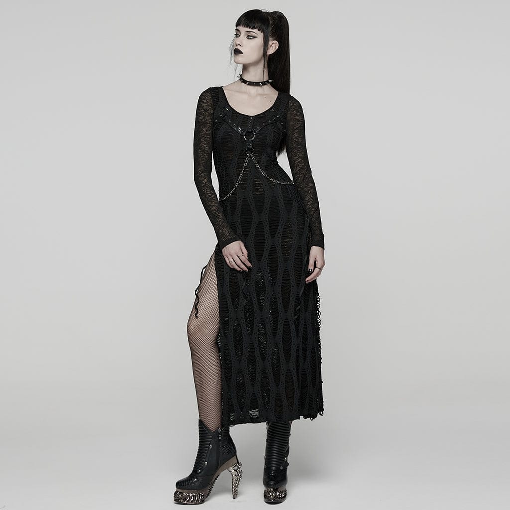 Women's Punk Ripped Eyelet Strap Chian Slit Dress - Image 4