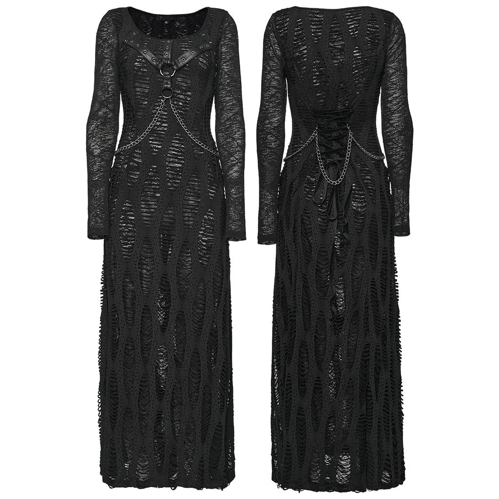 Women's Punk Ripped Eyelet Strap Chian Slit Dress - Image 5
