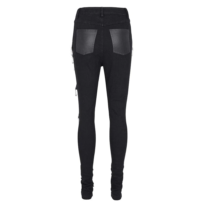 Women's Punk Ripped Eyelets Chains Pants - Image 8