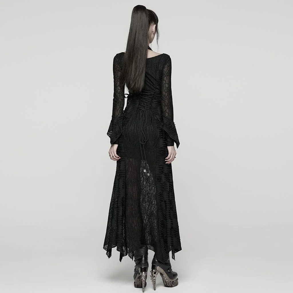 Women's Punk Ripped Lace-up Halterneck Long Sleeve Dress Wedding Dress - Image 3