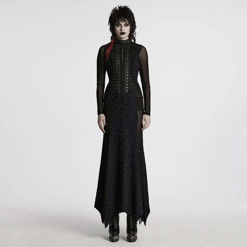 Women's Punk Ripped Mesh Splice Fishtailed Dress Wedding Dress