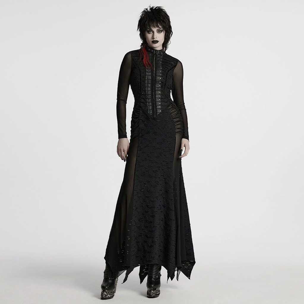 Women's Punk Ripped Mesh Splice Fishtailed Dress Wedding Dress - Image 3