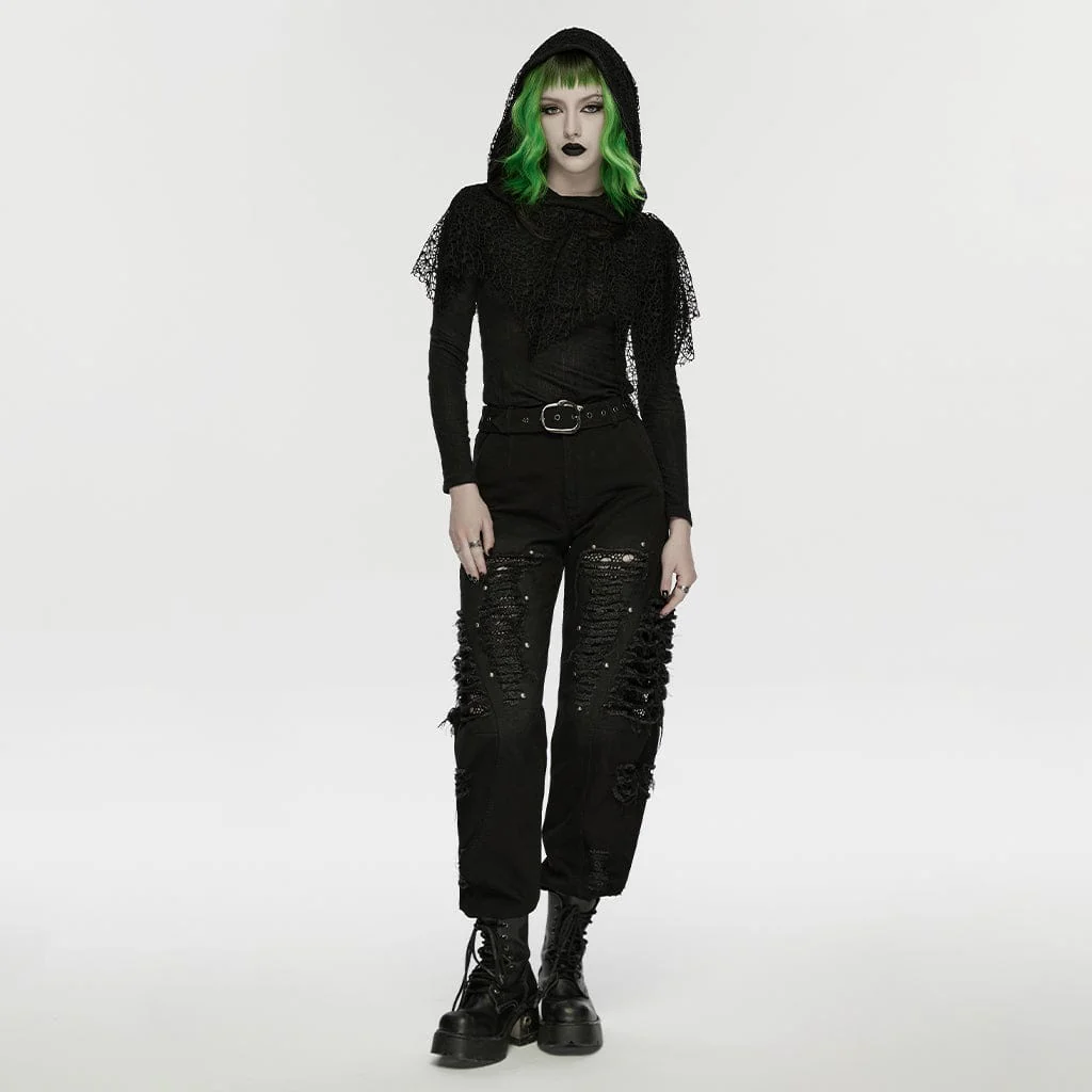 Women's Punk Ripped Unedged Decadent Denim Pants - Image 4