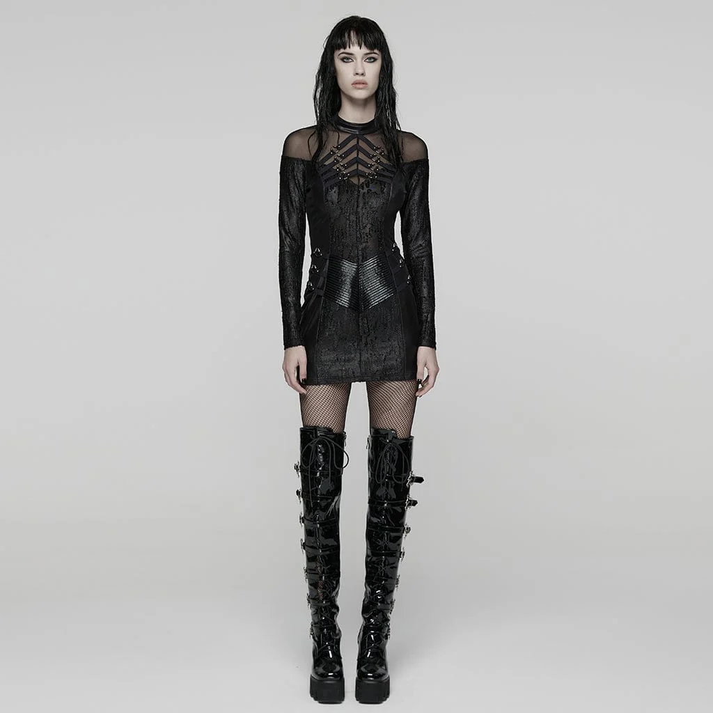 Women's Punk Rivet Strappy Long Sleeved Dress