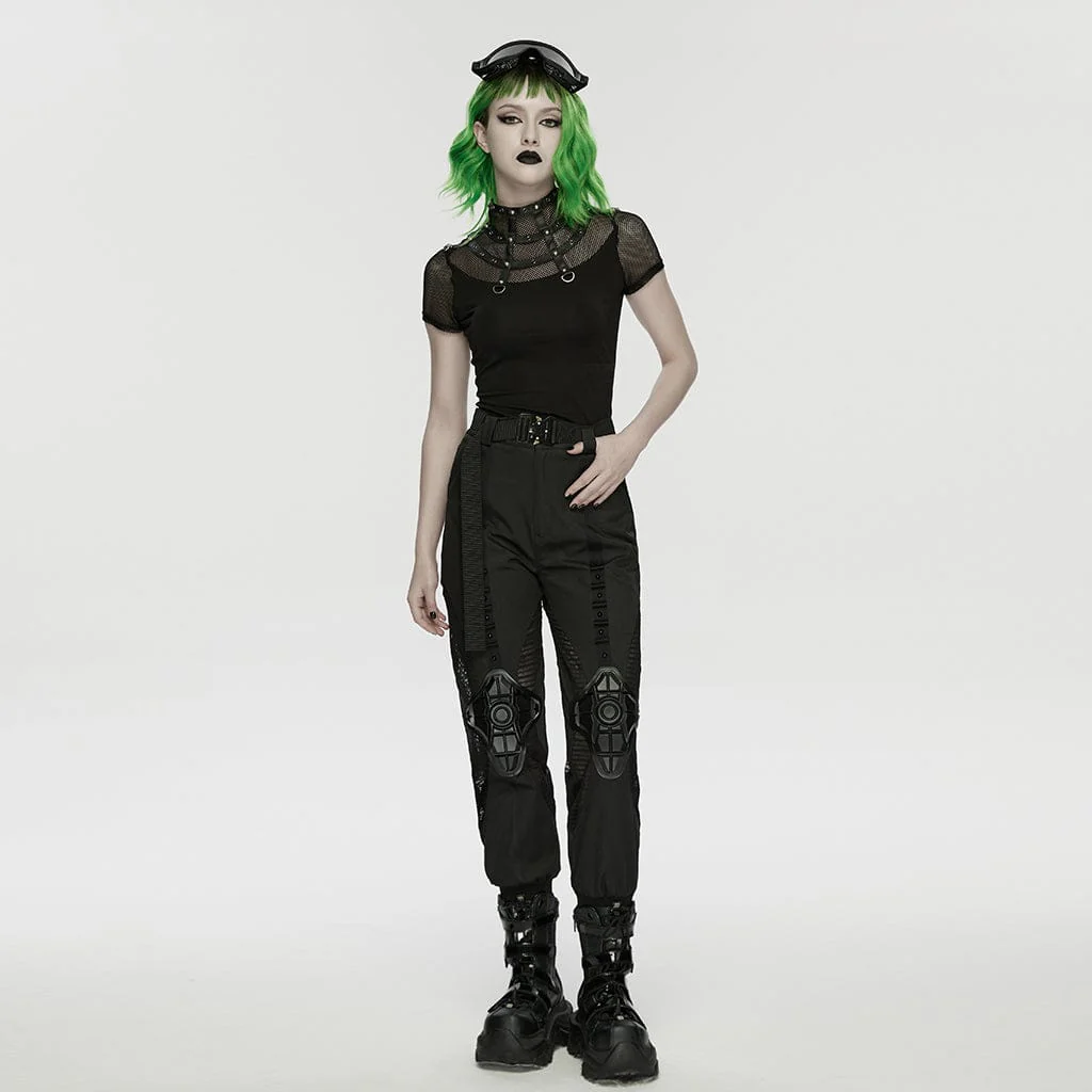 Women's Punk Rivets&Eyelets Cage Mesh Short Sleeved T-shirt - Image 4