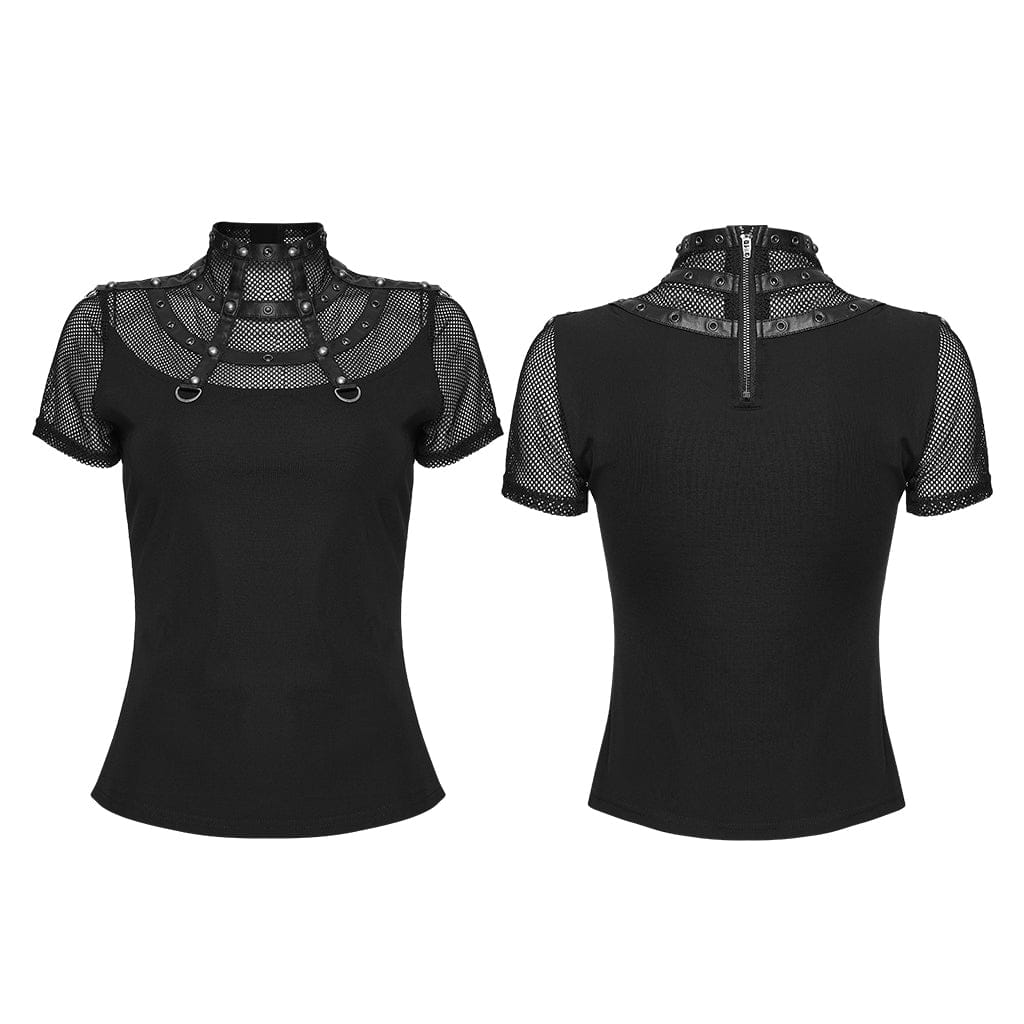 Women's Punk Rivets&Eyelets Cage Mesh Short Sleeved T-shirt - Image 5