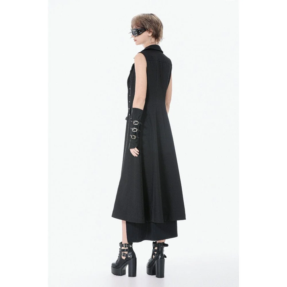 Women's Punk Rivets Lapel Sleeveless Long Coat - Image 6