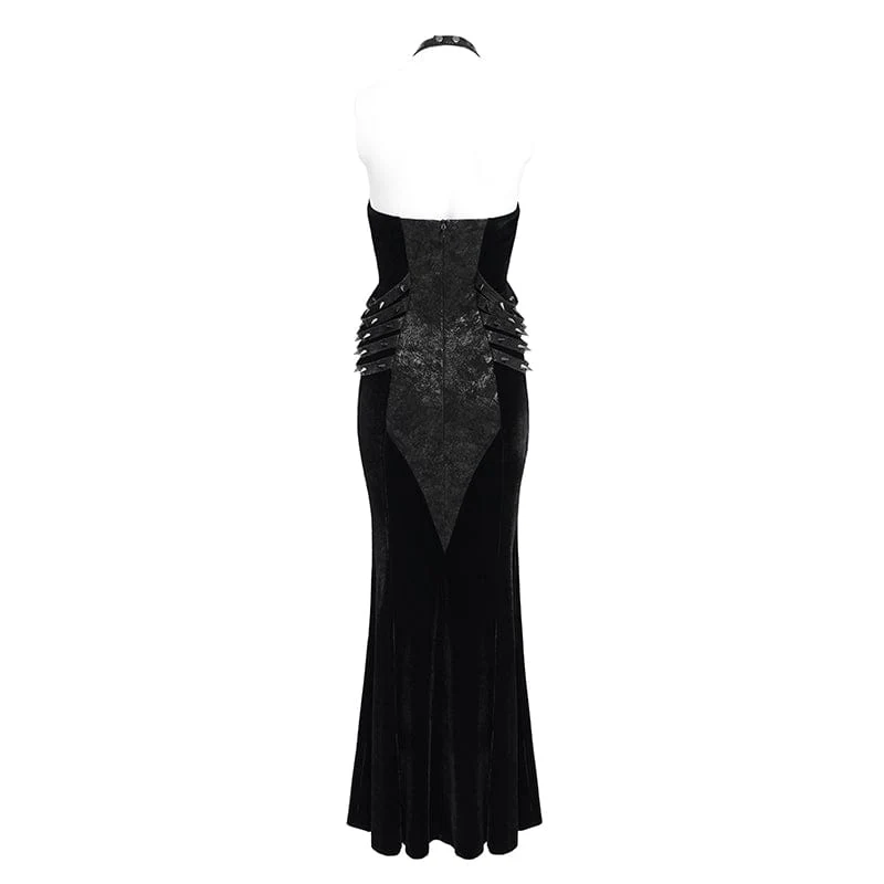 Women's Punk Rivets Strap Chain Halterneck Dress Wedding Dress - Image 9
