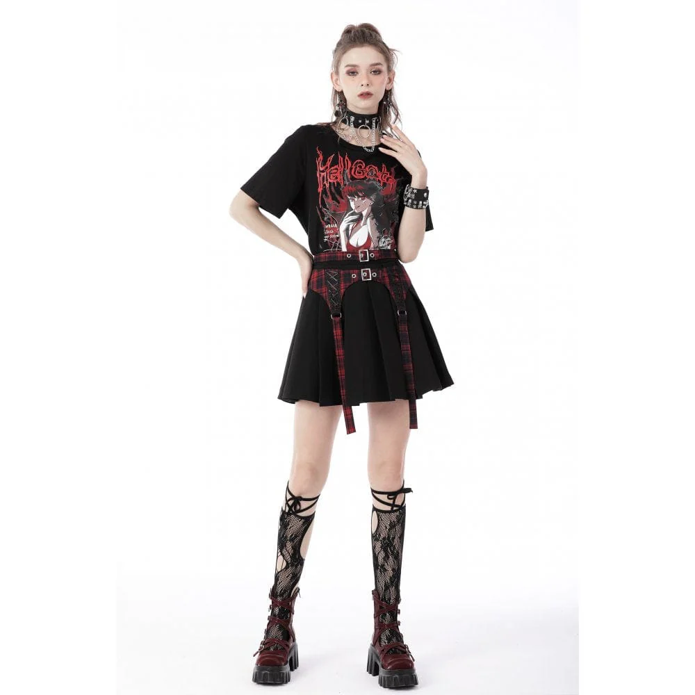 Women's Punk Rock Pleated Skirt with Red Plaid Strap - Image 2