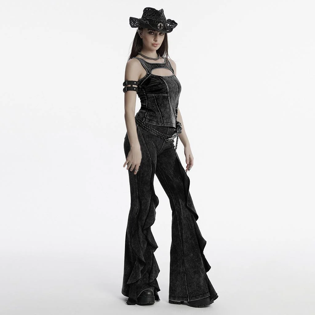 Women's Punk Ruffled Distressed Flared Pants - Image 4