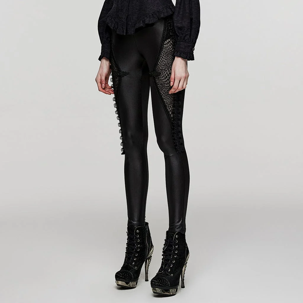 Women's Punk Ruffled Lace Splice Mesh Leggings - Image 2