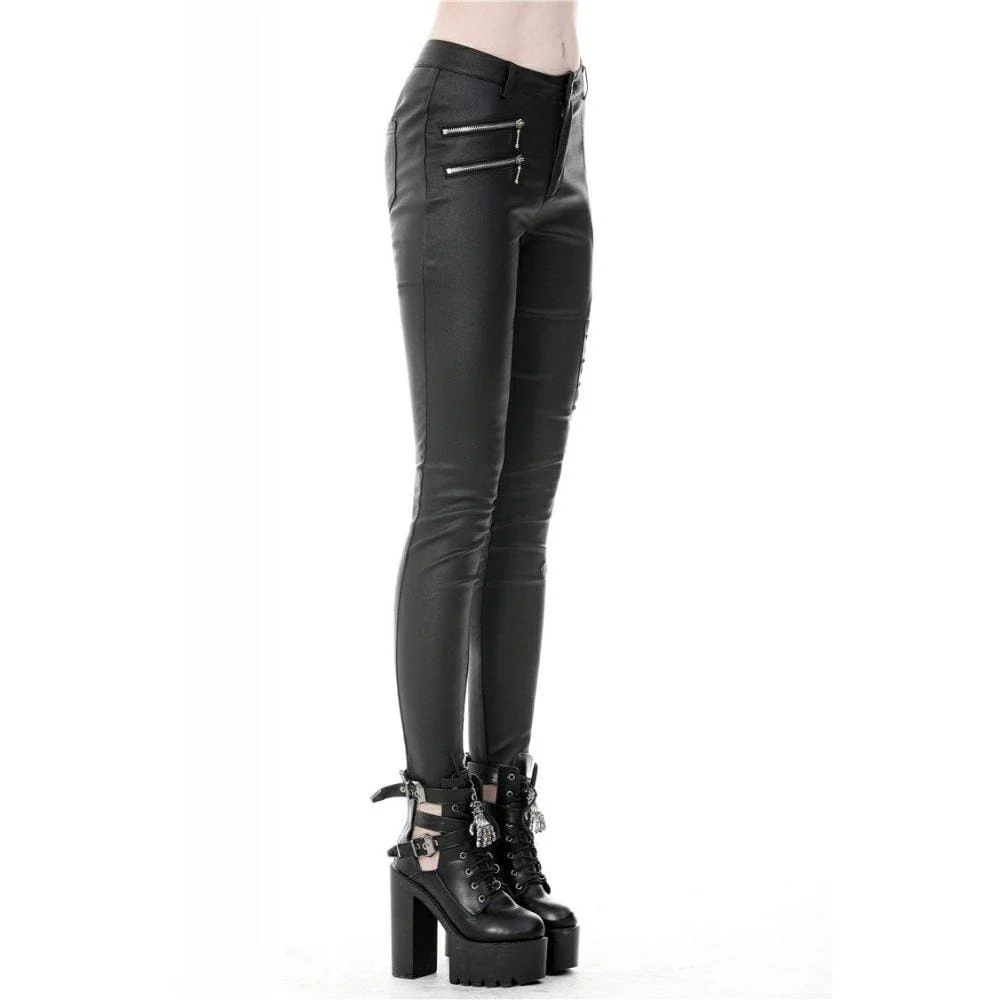 Women's Punk Sexy Hollow Thigh Asymmetrical PU Trousers - Image 3