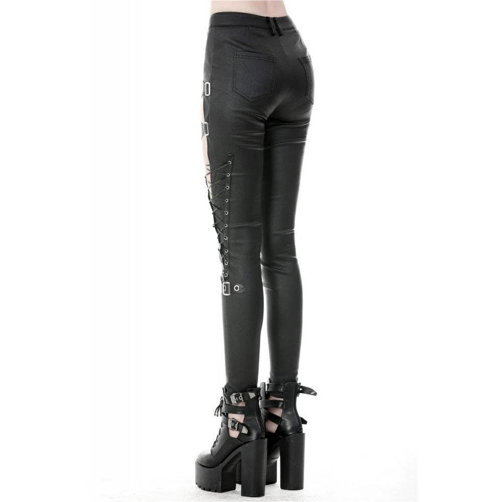 Women's Punk Sexy Hollow Thigh Asymmetrical PU Trousers - Image 5