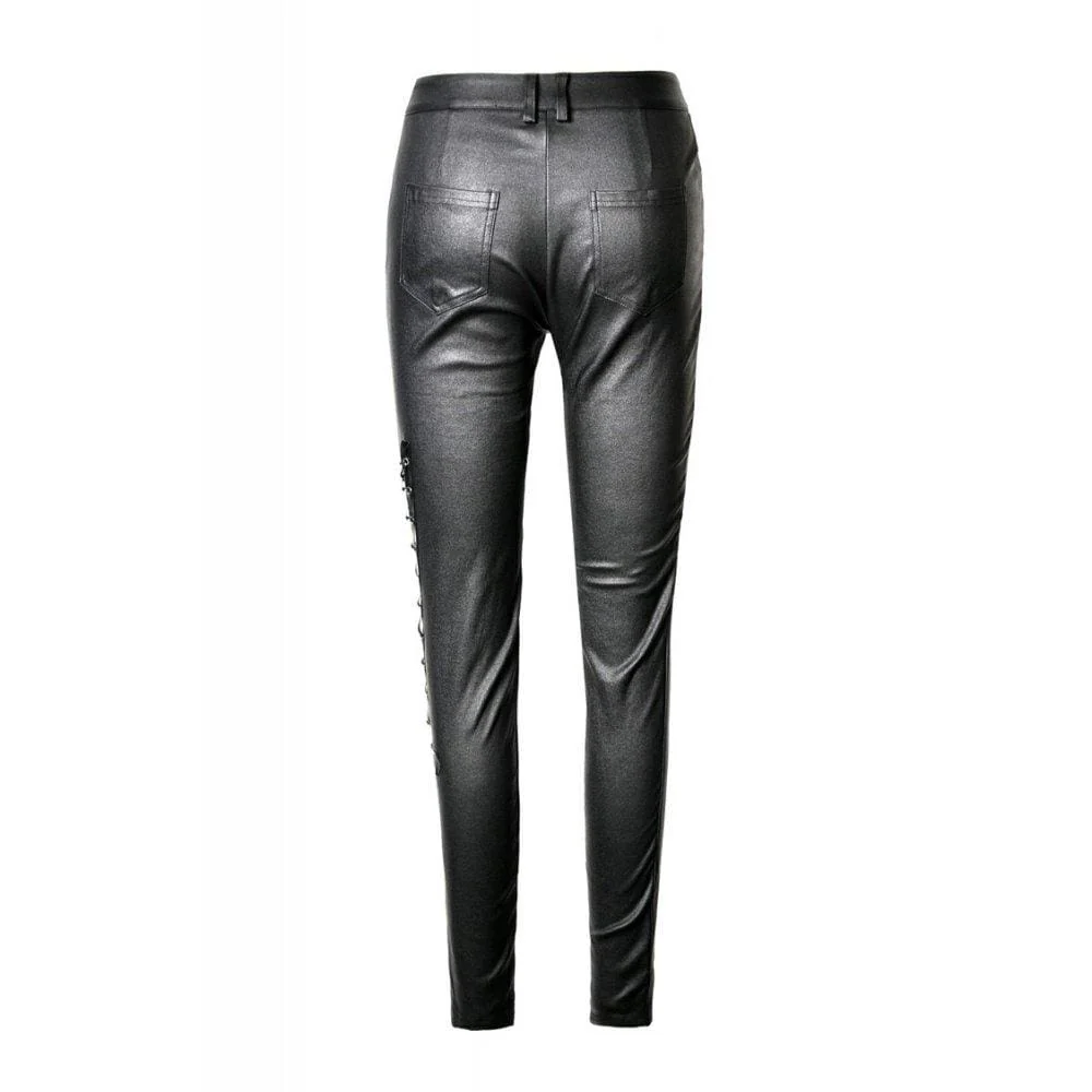 Women's Punk Sexy Hollow Thigh Asymmetrical PU Trousers - Image 8