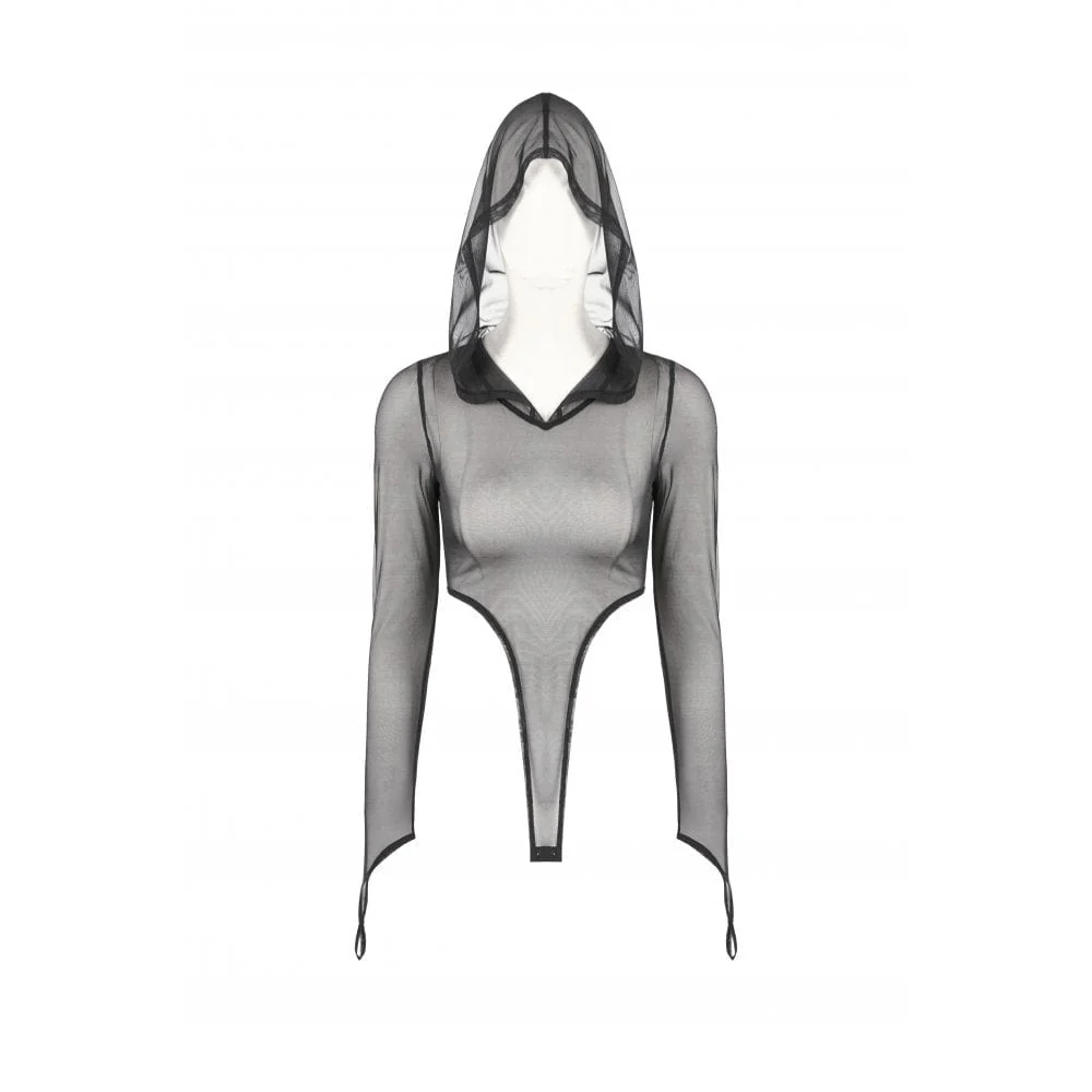 Women's Punk Sheer Mesh Bodysuit with Hood - Image 13