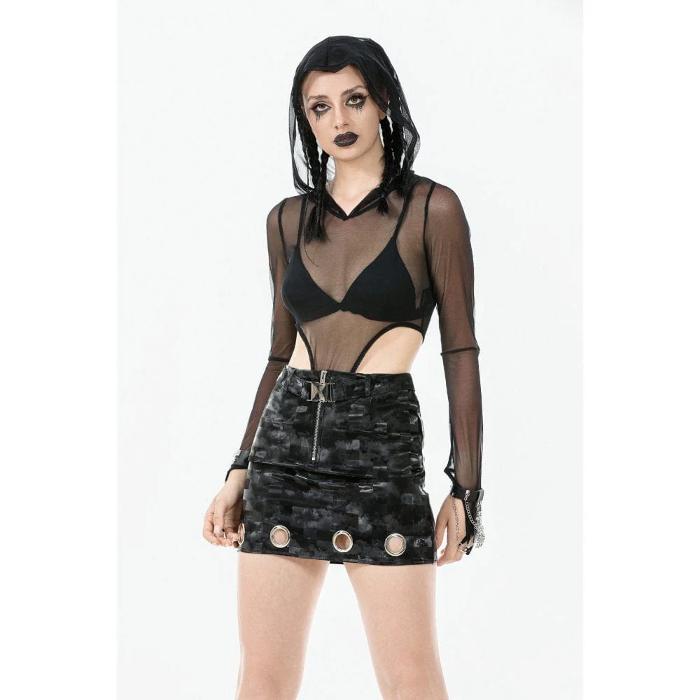 Women's Punk Sheer Mesh Bodysuit with Hood - Image 3