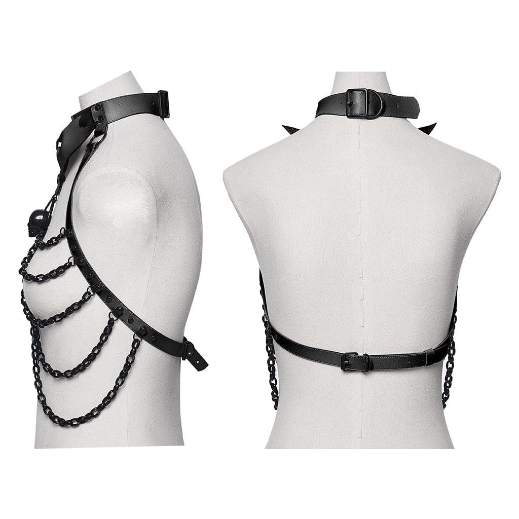 Women's Punk Skull Halterneck Chain Body Harness with Detachable Batwing Knot Black - Image 6