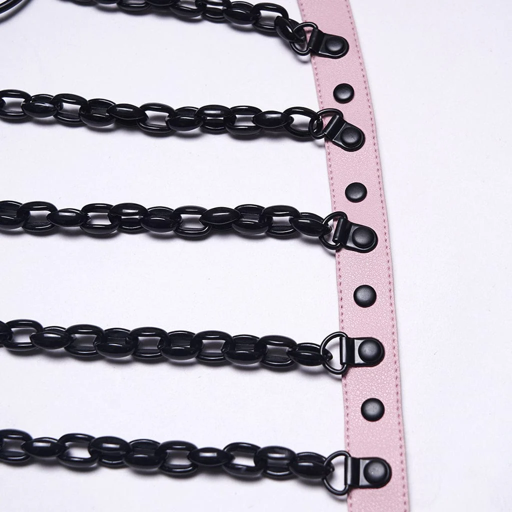 Women's Punk Skull Halterneck Chain Body Harness with Detachable Batwing Knot Black-Pink - Image 10