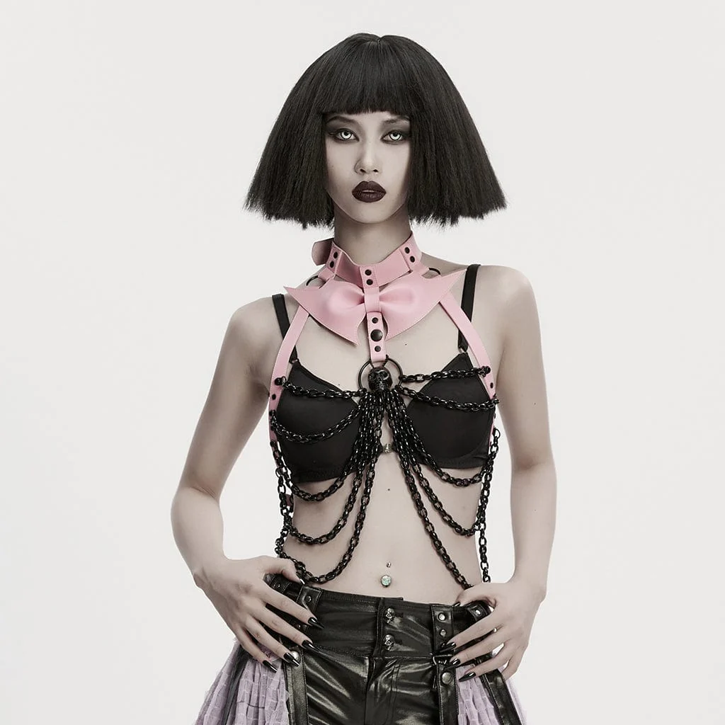 Women's Punk Skull Halterneck Chain Body Harness with Detachable Batwing Knot Black-Pink - Image 2