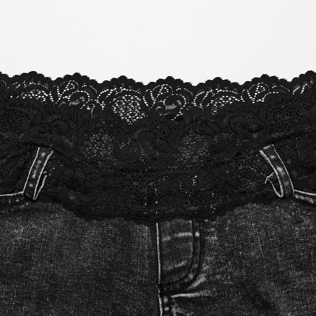 Women's Punk Skull Lace Splice Unedged Shorts - Image 6