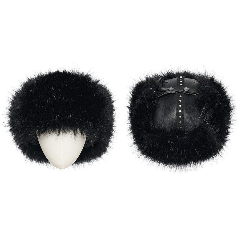Women's Punk Skull Mesh Plush Splice Faux Leather Hat - Image 4