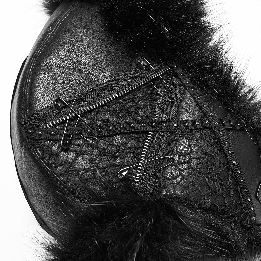 Women's Punk Skull Mesh Plush Splice Faux Leather Hat - Image 7