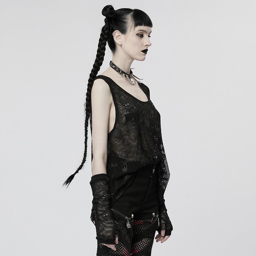 Women's Punk Skull Mesh Tank Top with Oversleeves - Image 2