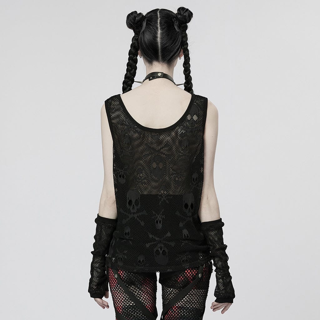 Women's Punk Skull Mesh Tank Top with Oversleeves - Image 3
