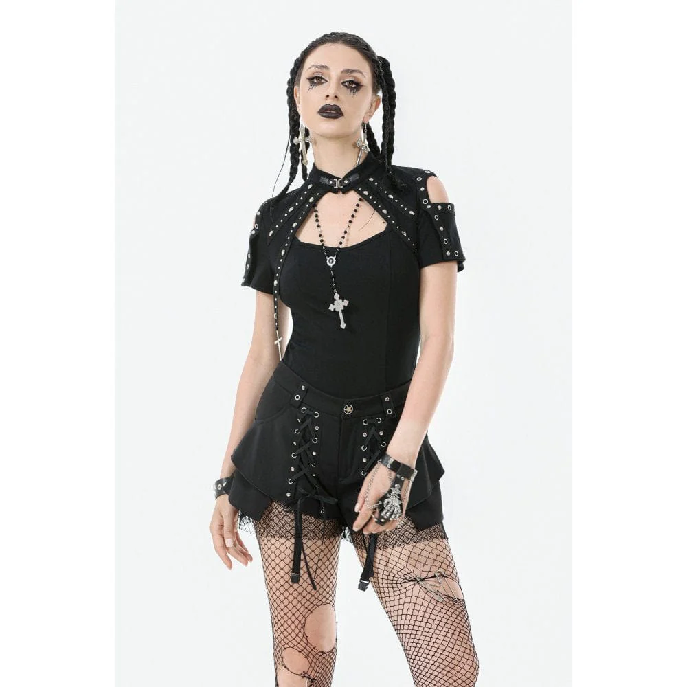Women's Punk Skull Rivets Cutout Short Sleeved Shirt - Image 3