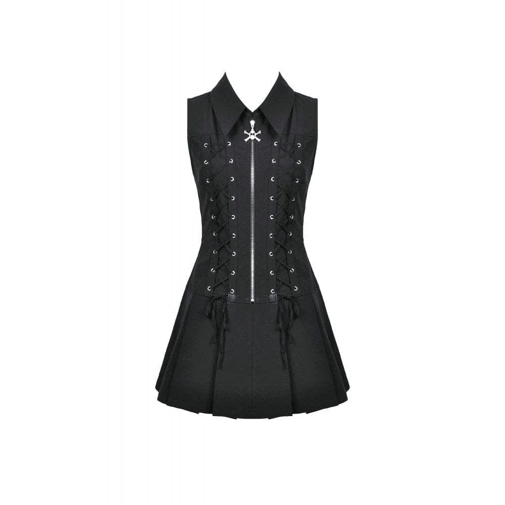 Women's Punk Skull Zip Turn-down Collar Sleeveless Dress - Image 12