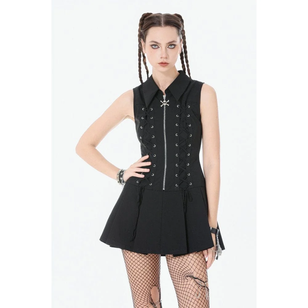 Women's Punk Skull Zip Turn-down Collar Sleeveless Dress - Image 2