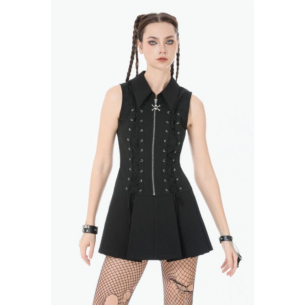 Women's Punk Skull Zip Turn-down Collar Sleeveless Dress - Image 3