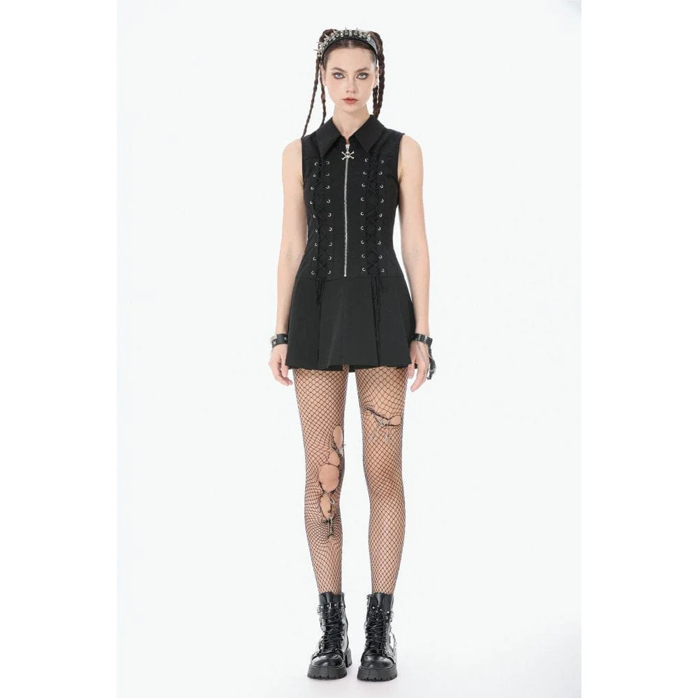 Women's Punk Skull Zip Turn-down Collar Sleeveless Dress - Image 4