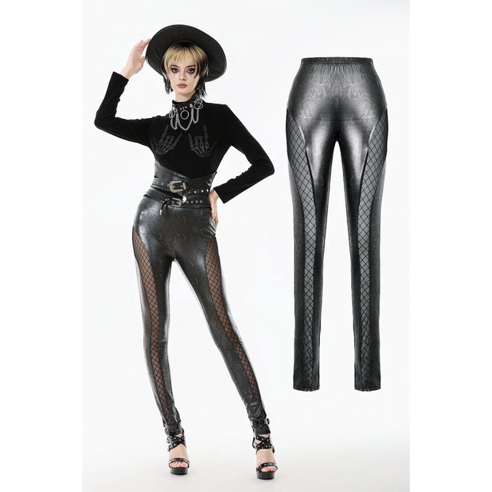 Women's Punk Snakeskin Diamond-textured Mesh Splice Pants