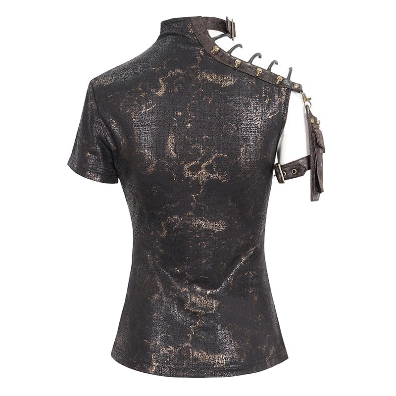 Women's Punk Spaghetti Straps Buckle Short Sleeved Tee - Image 11