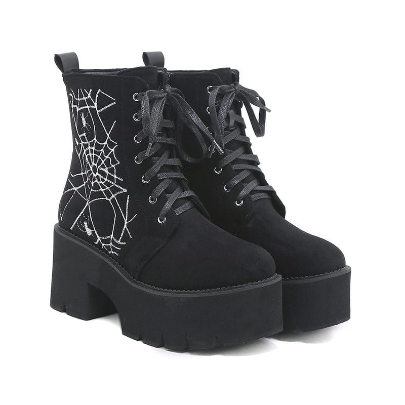 Women's Punk Spider Web Embroidered Platform Boots - Image 6