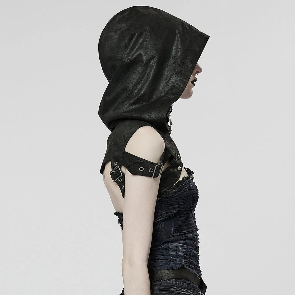 Women's Punk Stand Collar Buckle Cape with Hood - Image 2
