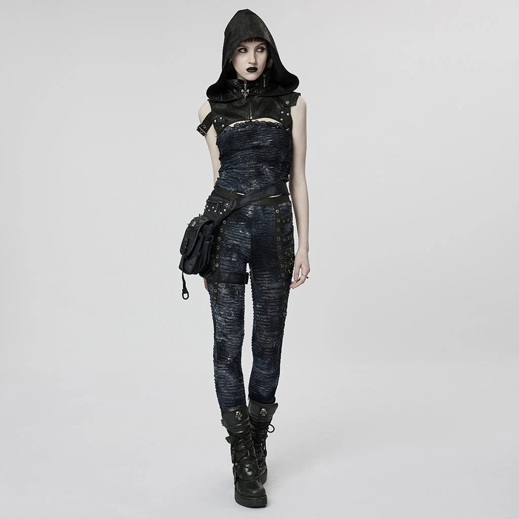 Women's Punk Stand Collar Buckle Cape with Hood - Image 4